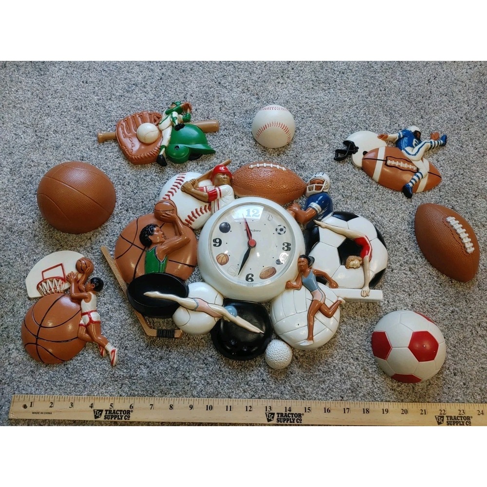 VTG 90s Burwood Homco Sports Wall Figurines & Quartz Clock Decor Kids Room 7pc
